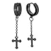 Pair Stainless Steel Black Huggie Hinged Hoop Earrings with Dangling Cross Unisex Men Women Boys