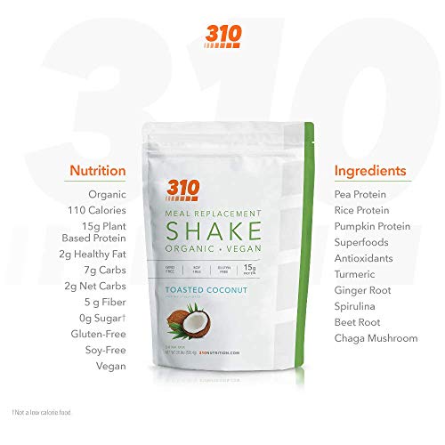 Vegan Organic Plant Protein Powder and Meal Replacement Shake - By 310 Nutrition - Gluten, Dairy and Soy Free - 0g of Sugar | Keto and Paleo Friendly… (Toasted Coconut, 28 Servings)