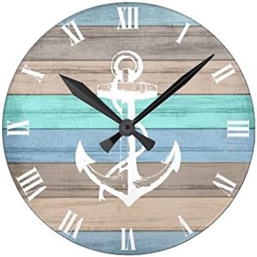 Lionkin8 Rustic Beach Wood Nautical Stripes & Anchor Wall Clock