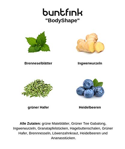 Buntfink âBodyShapeâ Entschlackungstee mit grünen Mateblättern, grünem Hafer, Brennnesselblätter, Hagebutte, Löwenzahn, Granatapfel, Ananasstückchen I Entgiftungstee, loser Kräutertee 60g zum Abnehmen – Bild 4