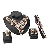 Everrich Luxurious Blue Crystal Bridal Cream Simulated Pearl Gold Plated Statement Necklace Earrings Jewelry Sets for Women Costume,4 Pairs