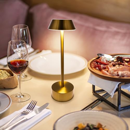 CORDLESS TABLE LAMP SET OF 2 LED RECHARGEABLE TABLE LAMPS BRUSHED GOLD BATTERY OPERATED TOUCH LAMP STEPLESS DIMMABLE PORTABLE NIGHT LIGHT FOR RESTAURANT BEDROOM COFFEE TABLE BAR