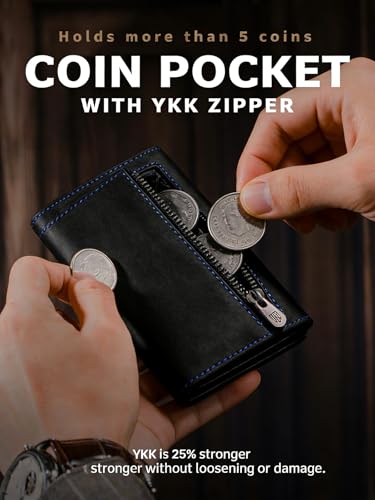 Men's RFID Blocking Anti-Theft Pop Up Wallet, Genuine Leather Slim Bifold Card Holder, Magnetic Closure, YKK Coin Pocket, ID Window, Holds 8-10 Cards or Bills, 5+ Coins, Travel Premium Gift for Men