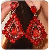 Jumwrit Sparkle Rhinestone Long Teardrop Dangle Drop Earrings - Red Crystal Stud Chunky Chandelier Statement Fashion Wedding Bridal Jewelry for Women
