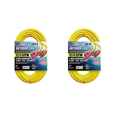US Wire 74050 50-Foot Heavy Duty Lighted Plug Extension Cord (Yellow, 2-Pack)