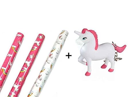 3 Rollen Einhorn Geschenkpapier und Schlüsselanhänger - Geburtstagspapier Geschenkverpackung