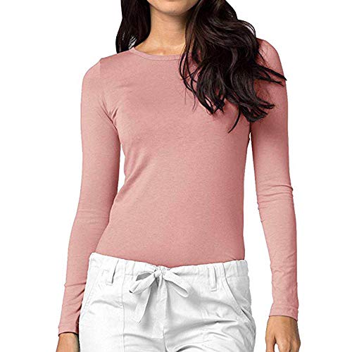 haoricu Womens Basic Top Comfort Long Sleeve Bottom Solid Slim Casual Shirt Tee Blouse Pink