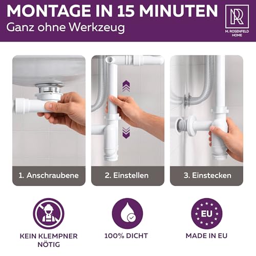 M. ROSENFELD HOME Flexible Siphon Washbasin G 1 1/4 Inch x 32-50 mm Extendible 320-900 mm with High-Quality Aluminium Nut - 100% Waterproof, Odour Protection, Easy Assembly, Universal Fit
