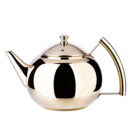 1.5 Liter Teapot Gold Pot with Infuser for Loose Tea Stainless Steel Coffee Kettle 6 Cup Induction Stovetop Tea Pot Strainer Office Hot Water Mirror Finish 1.6 Quart 51 Ounce by Onlycooker