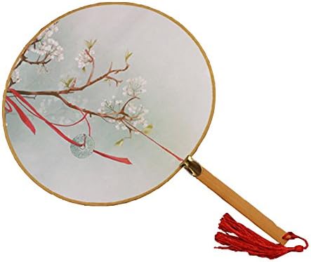 Lanburch Set of 2 Chinese/Japanese Style Cotton Fabric Fan Print Decor Bamboo Handle Round Hand Fan, White Flower