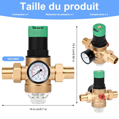 Diealles Shine 3/4" Water Pressure Reducer Pressure Regulator with Pressure Gauge and Sieve Filter Pressure Reducing Valve Brass Pressure Regulator for Homes Buildings