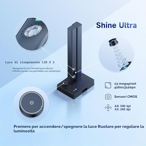 CZUR Shine Ultra 13MP Document Scanner, A3 Portable Book Scanner, 340-245 dpi, SuperSpeed Scanning, OCR 180+ Language, for Office, School, Library, Win and Mac