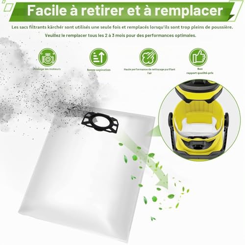 Rebirthcare Kärcher 2.863-006.0 Fleece Filter Bags 487 WD4 WD5 WD6 WD5P WD6P Premium MV4 MV5 MV6 Filter Bags for Wet and Dry Vacuum Cleaners Pack of 15