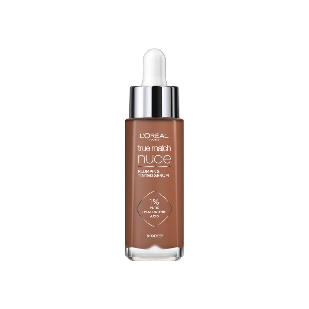 L'Oreal Paris True Match Tinted Serum Foundation, 1% Hyaluronic Acid, Hydrating Formula, Replumps Skin in 1 Hour for a Natural Glowing Finish, 30 ml, Shade 8-10 Deep