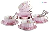 Jusalpha Porcelain Tea Cup and Saucer Coffee Cup Set with Saucer and Spoon Set of 6 (FD-TCS04 (6) Pink)