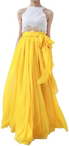 Lanierwedding Summer Beach Chiffon Long High Waist Maxi Skirt With Belt For Wedding 2017 Yellow Size XXL