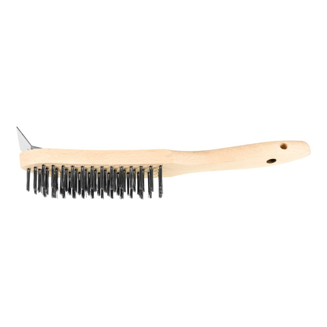 Brush/Hand Brush with Scraper for Removing Rust, Dirt and Paint, 4 Rows with Beech Wood Handle, Steel Wire Bristles 0.35 mm Thick, 25 mm High, Smooth