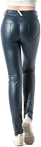 TAWILL Sexy Women PU Leather Pants Stretchy Warm Leggings (Navy, Large)