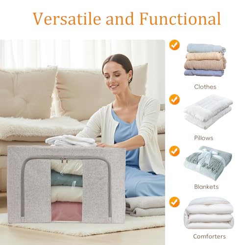 Ymlike 2 Pack Clothes Organizer Box Storage, Foldable Metal Frame Clothing Storing Bins with Double Visable Window, Large Capacity Cloth Container with Reinforced Handles, (66 L, Grey)