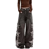 PEAINJ Star Jeans for Women Girls Baggy Cute Patchwork Denim Pants Y2k High Waisted Jeans Grunge Aesthetic Clothes