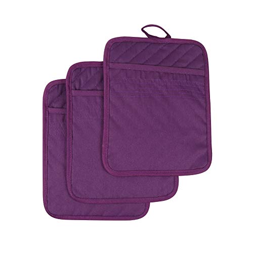 Anyi Oven Pot Holders with Pocket, 100% Cotton Oven Mitts Oven Pads with Feature of Heat Resistant Potholders Non Slip for Cooking Baking, Set of 3 (Purple)