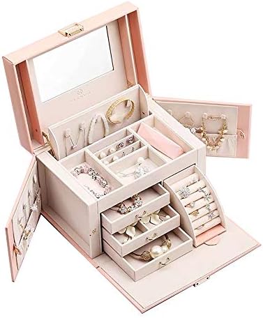 Vlando Mirrored Jewelry Box Organizer for Girls Women Vintage Gift Case – Faux Leather Jewelries Storage Display Holder, Pink