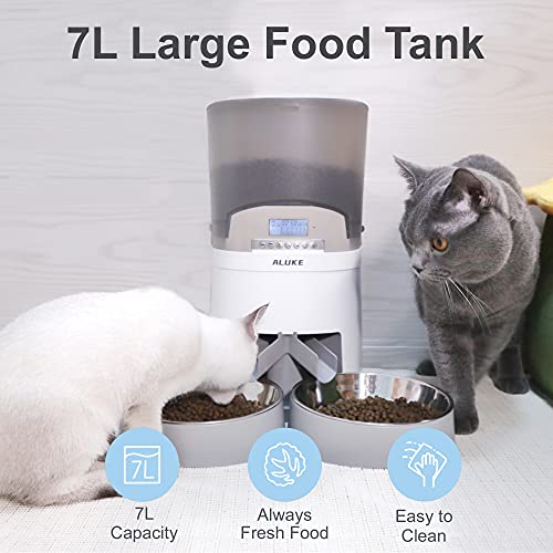 Automatic Cat Feeder for Two Cats, ALUKE 7L Dry Food Dispenser with Two