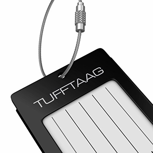 TUFFTAAG Personalized Luggage Tag Set w/ Business Card Holder - Customized Metal Suitcase Labels (5pk Black)