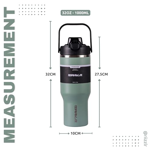 RIIZZLR® 1000ml Insulated Water Bottle Tumbler with 2-in-1 Straw & Sip Lid – Stainless Steel Vacuum Flask, Double Wall, BPA-Free, Leakproof, Wide Mouth, Keeps Drinks Hot 12H / Cold 24H (Sage Green)