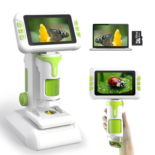 Charmofun Children's Microscope, Digital Microscope with 64GB Memory Card, Portable Microscopios for Children with 4 Inch LCD Screen, 1600X Magnification, Photo and Video, Portable and Fixed Function