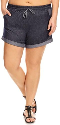 Women's Vintage Two Tone Stretchy Drawstring Denim Jean Shorts, Navy, 3XL