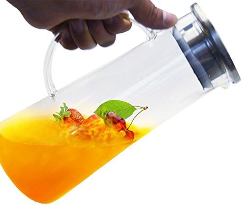 Glass Water Carafe Pitcher with Stainless Steel Strainer Lid, 50 ounces, by Zenfully Tea - Easy to Pour, Glass Iced Tea Pitcher, Hot and Cold Water Carafe