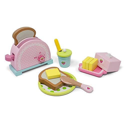 Luptons Pink Childrens Wooden Toy Toaster Breakfast Set | Traditional Kitchen Role Play Toys For 3 Year Old Girls | 14 Pcs Including Toast Jam Pot Butter Plate…