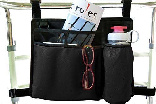 Folding Walker Bag, Wheelchair Side Pouch, Rollator Pouch, Bed Rail Organizer, Insulated Bottle Holder, Zipper Pocket, Key Holder Long Strap, Black
