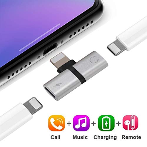 Headphone Adapter for iPhone X/XS/XS MAX/XR/8/ 8Plus/ 7/7 Plus Headset Adaptor Splitter Mini Earphone Connector Convertor 2 in 1 Accessories Cables Call Charge Music Wire Control – silver