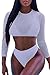 Meyeeka Womens Sexy Mesh Long Sleeve High Waist 3 Piece Bikini Swimsuit White S