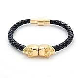 BeiChong Classic Design Genuine Leather Skull Bracelet Mens Stainless Steel Twin Skull Bangle
