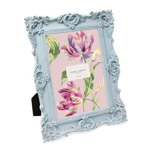Laura Ashley 5x7 Powder Blue Ornate Textured Hand-Crafted Resin Picture Frame w/Easel & Hook for Tabletop & Wall Display, Decorative Floral Design Home Decor, Photo Gallery, Art (5x7, Powder Blue)