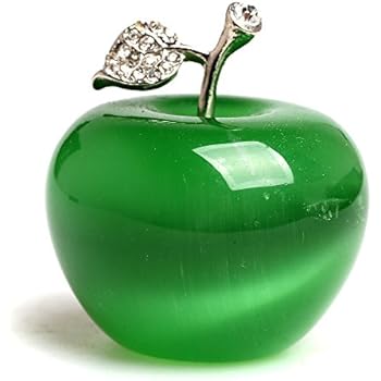 ruhong 1.18 Inches Cut Natural Quartz Crystal Green Cat Eye Apple Carved Figurine Statue Alloy Leaf Healing Stone Home Holiday Wedding Decoration (Green cat Eye)