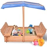 Costzon Kids Foldable Cabana Sandbox with 2 Convertible Benches & 1 Piece Black Non-Woven Fabric Cloth (55-Inch with Canopy)