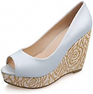 AalarDom Women's Pull-on Peep Toe Kitten-Heels PU Solid Sandals, Blue, 39