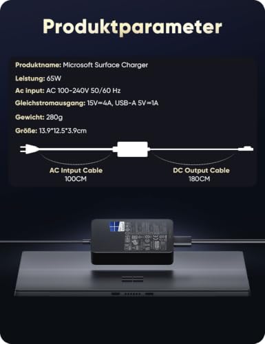 Surface Charging Cable 65 W Microsoft Surface Charger Power Supply for Surface Pro 11/10/9/8/7+/7/6/5/4/3/X, Windows Surface Laptop 7/6/5/4/3/2 Studio i5, Surface Go 4/3/2 Tablet, Surface Book 3/2/1, with USB
