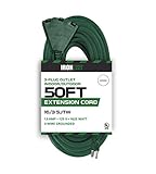 50 Foot Outdoor Extension Cord with 3 Electrical Power Outlets - 16/3 SJTW Durable Green Extension Cable with 3 Prong Grounded Plug for Safety