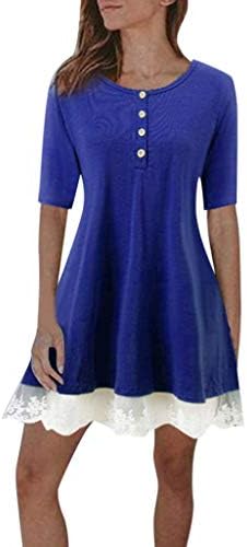 Kekebest Women's Fashion Casual Summer Work Office Shirt Dresses Button Solid Lace Loose O-Neck Above Knee