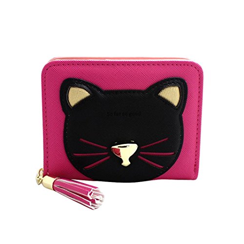 Outtop Faux-Leather Small Cat Wallet with Card Holder for Women Girls (Hot Pink)