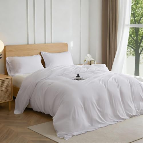 Simple&Opulence Duvet Cover King Size 100% Viscose Derived from Bamboo, 3 PCS Pure Breathable Cooling Silky Soft Bedding for Hot Sleepers Moisture-Wicking Comforter Cover Set, White