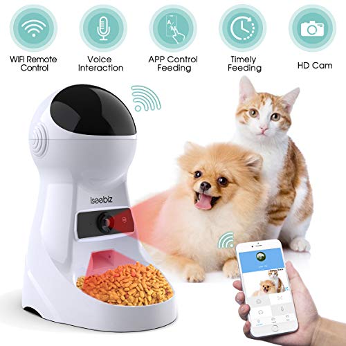 Iseebiz Automatic Pet Feeder with Camera, 3L App Control Smart Feeder Cat Dog Food Dispenser, 2-Way Audio, Voice Remind, Video Record, 6 Meals a Day for Medium Small Cats Dogs, Compatible with Alexa