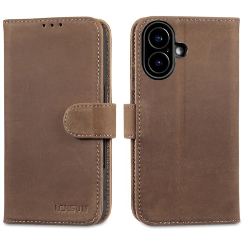LENSUN Echtleder Hülle für iPhone 16, Handyhülle [Echtes Leder][Kartenfach][RFID-Blocker] Handytasche Flip Lederhülle Kompatibel mit iPhone 16 5G - Vintage Dunkelbraun