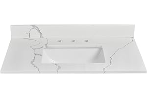 EQLOO 36 Inch Quartz Vanity Sink Top, Bathroom Vanity Top with Undermount Rectangular Middle Sink and 4" Height Backsplash, Pre-Drilled 8 Inch Faucet Hole Spread Vanity Top, Calacatta Luna
