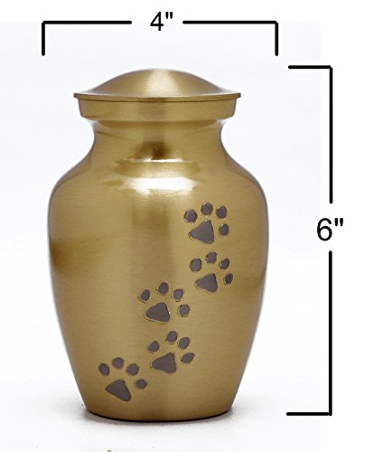 Enshrined Memorials Cremation Urn for Ashes by Cerberus Series Small Pet Dog Cat Handcrafted Solid Brass Affordable for Funeral in Velvet Bag Engraving Design (Matte Gold, Vertical Paws) - Thumbnail 3